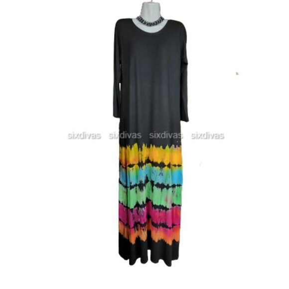Colourful Tie Dye Dress Black Maxi Long Sleeve Maxi Dress - One Size- NEW ! - Picture 3 of 8